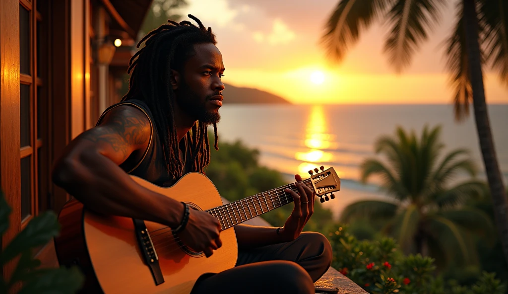 a man sitting on a balcony overlooking the ocean, playing an acoustic guitar, warm sunset lighting, detailed facial features, intense expression, dreadlocks, tropical plants, wooden architecture, detailed textures, photorealistic, cinematic lighting, moody atmosphere, vibrant colors, intricate details, portrait studio lighting