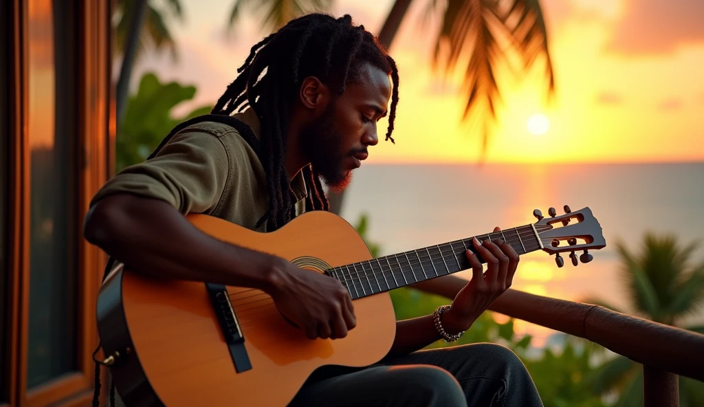 a man sitting on a balcony overlooking the ocean, playing an acoustic guitar, warm sunset lighting, detailed facial features, intense expression, dreadlocks, tropical plants, wooden architecture, detailed textures, photorealistic, cinematic lighting, moody atmosphere, vibrant colors, intricate details, portrait studio lighting