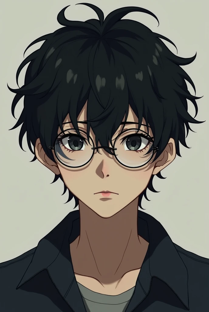 Anime , male ,18 year, black hair , circle glasses  , curly hair , black eye , sleepy face , dead stare, serious 