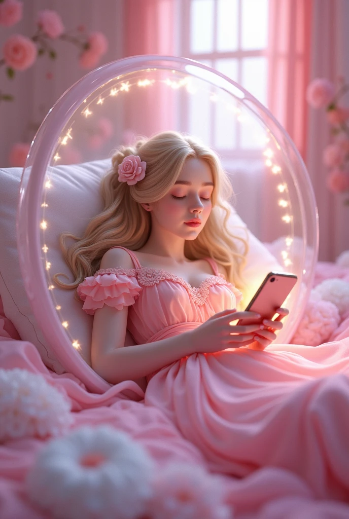 sleeping beauty sleeping with a smartphone and around her a bubble covering her, pink theme