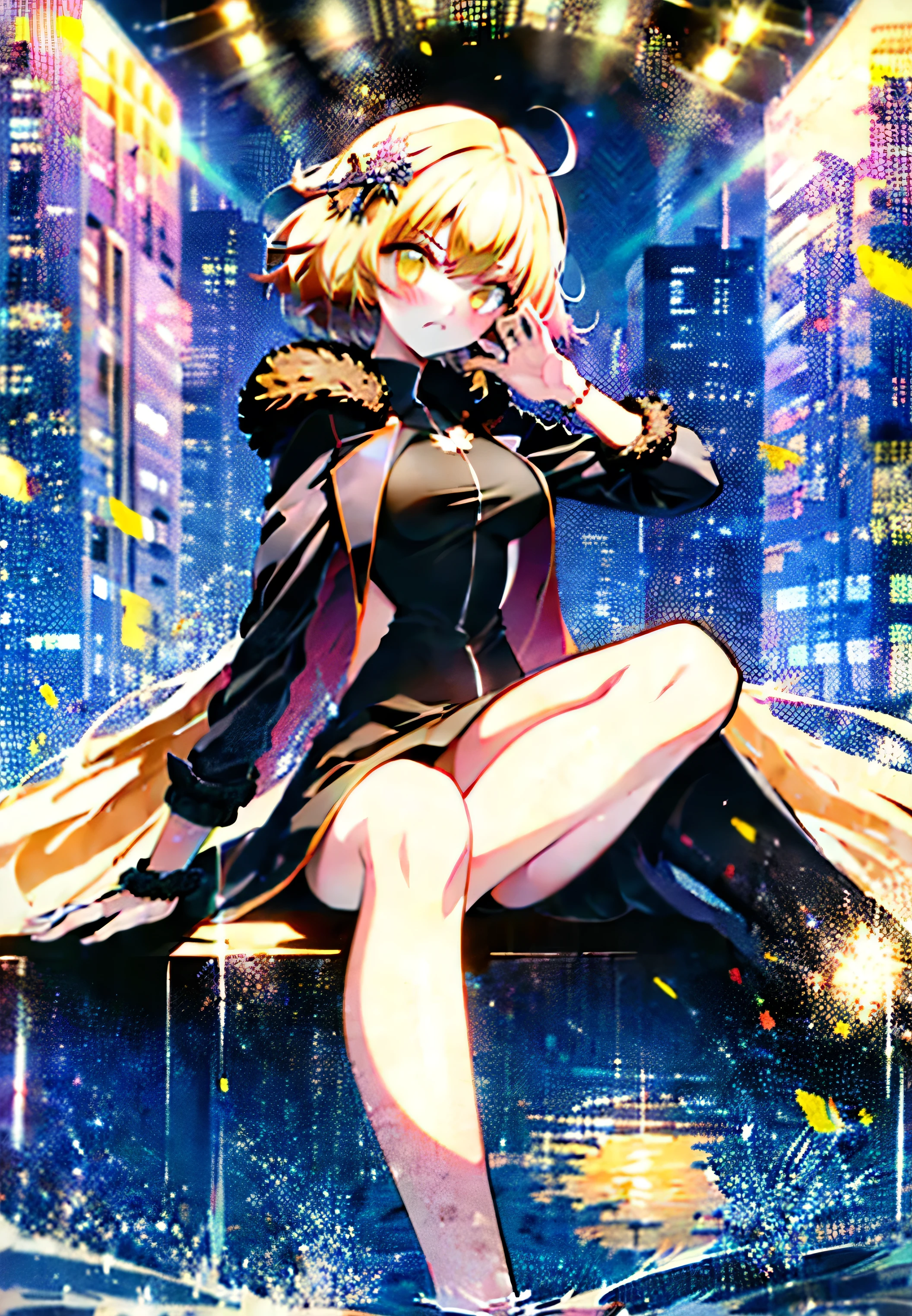 (masterpiece), (HDR), absurdres, (best quality), (ultra high quality), (hi-res), (((sitting))), head tilt, (1girl), solo, alone, mature, ModernCloth, Shinjuku, (yellow eyes), short hair, beautiful detailed eyes, (((light blonde hair))), BREAK, dynamic poses, looking away from viewer, blush, city