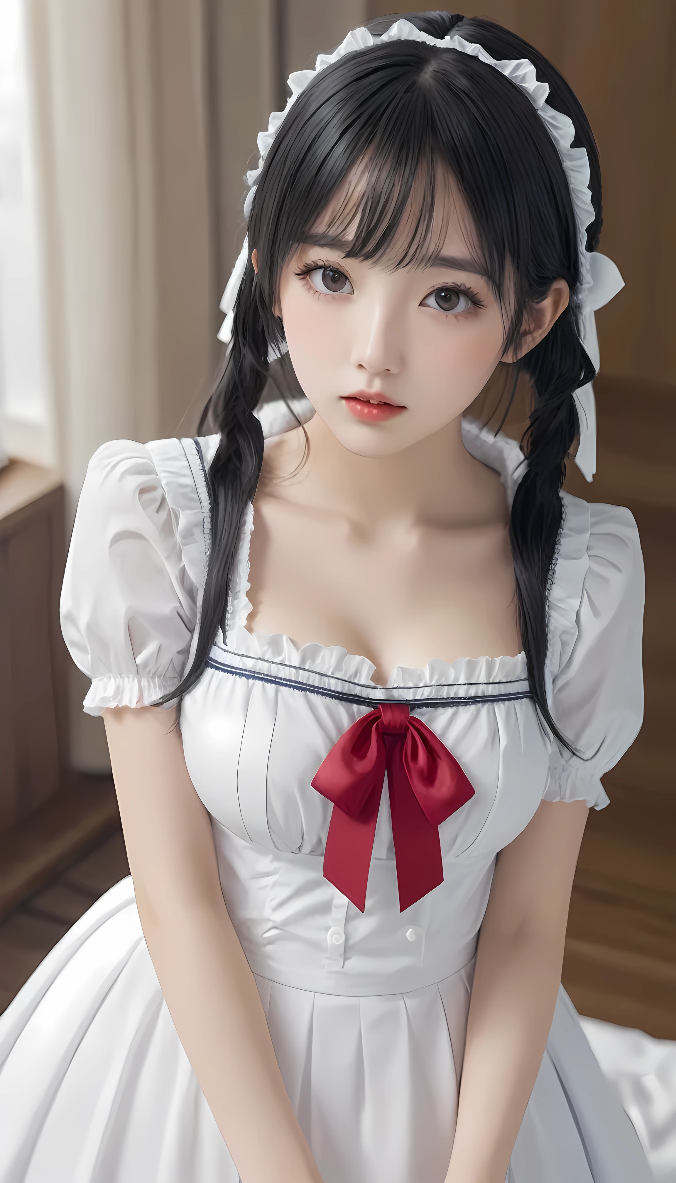 (surreal)、(High resolution)、(8k)、(Very detailed)、(Best illustrations)、(Beautiful and detailed eyes:1.0)、Highest quality:1.0,maid、lingerie,Natural Lip,Black hair twin tails、While changing into maid clothes:1.0