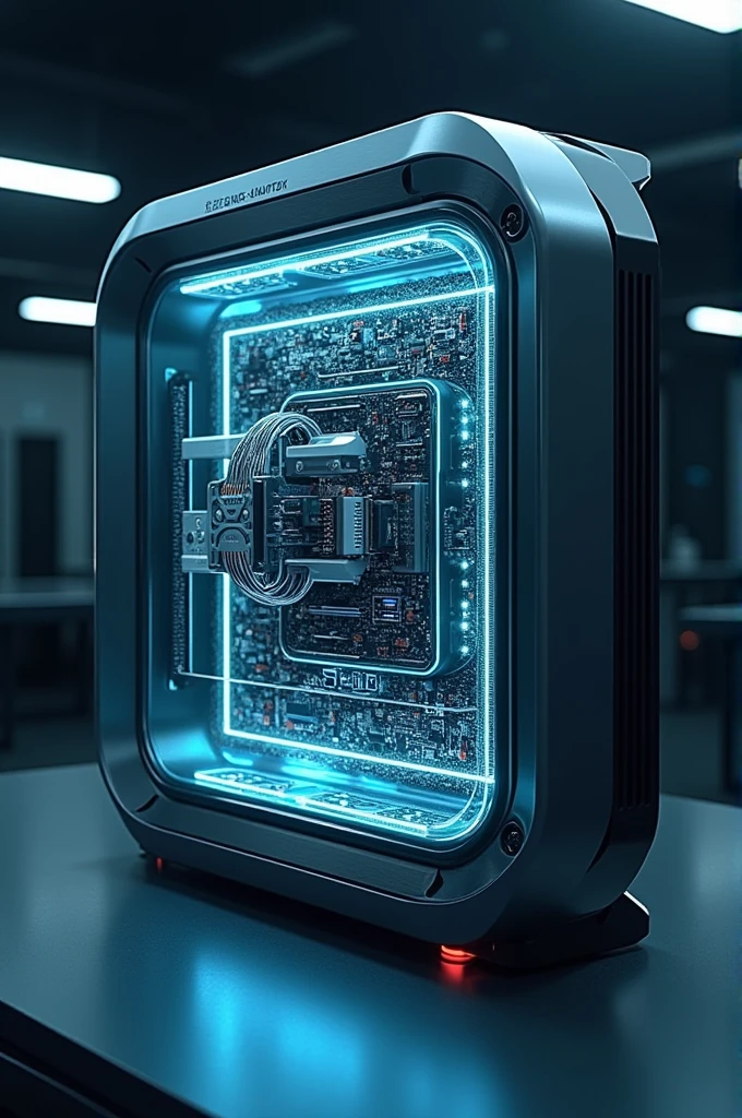 A high-resolution image of a quantum computer, showcasing its intricate circuitry and quantum components. The computer should be housed in a sleek, futuristic casing with a transparent panel revealing the inner workings. The lighting should be dramatic, highlighting the complexity and power of the machine.