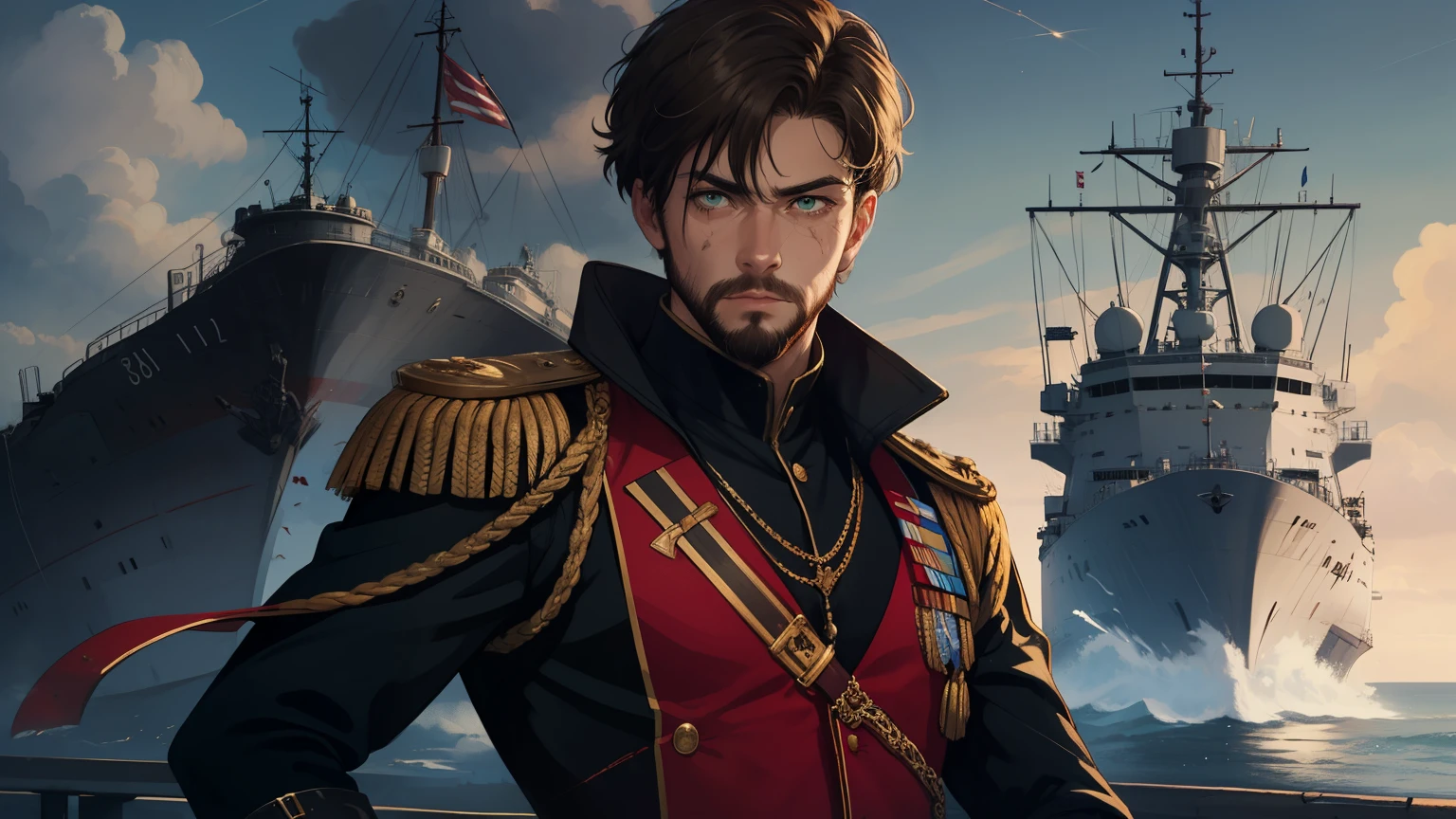 young man, short dark blonde hair, beard, royal uniform, wounded, green eyes, aggresive look, perfect eyes, high quality, more details, warships in backround, fight