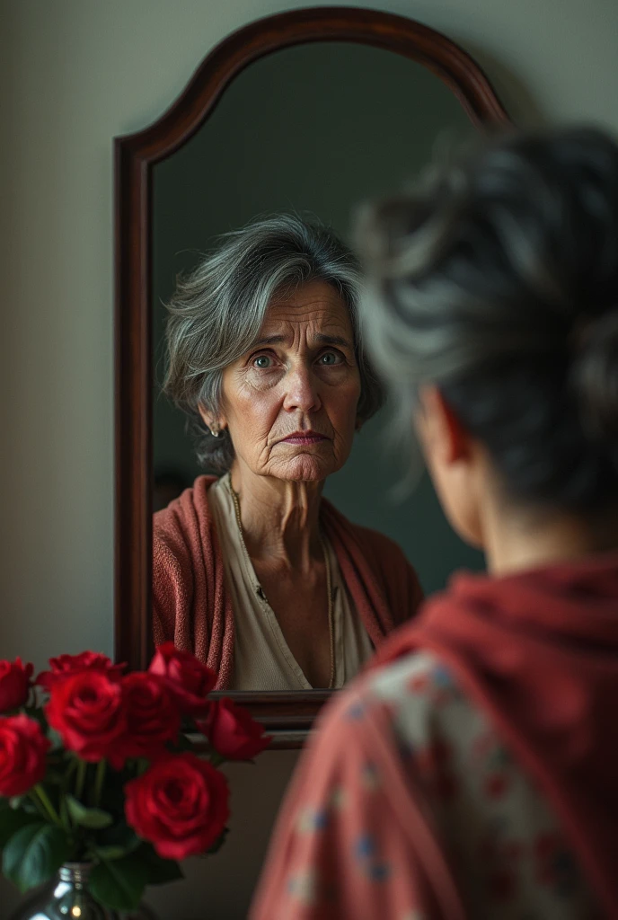 Image of a lady looking at the mirror with a worried expression, with subtle signs of fatigue and hair loss. No fundo, elements in red to highlight the sense of urgency.