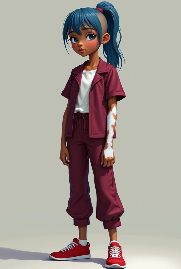Teenager of 14/15year old, medium blue hair tied in a ponytail and shaved on the sides. Uniform with a wine-colored blouse and a white blouse underneath. Wine pants and red sneakers. He has vitiligo on his face and arms., originally brown skin, but it has white spots.