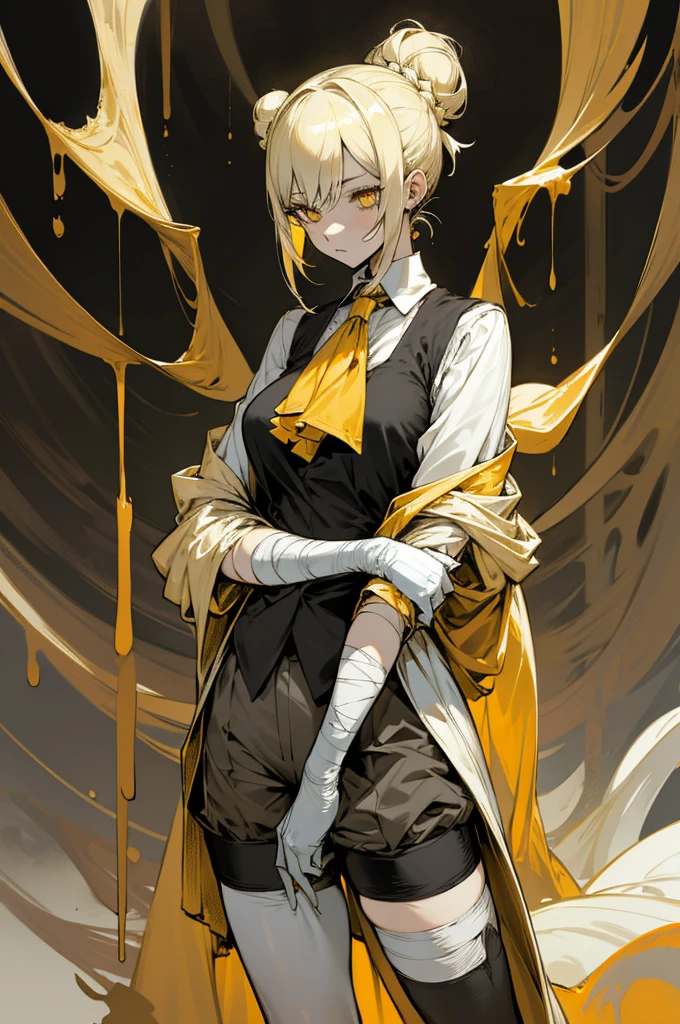 a painting of a young woman in a dreary atmosphere, regular sized golden yellow eyes, light skin, arms and legs covered in bandages, wearing modest luxury clothes: shorts, suit vest, golden-yellow ascot, white undershirt with rolled up sleeves, thigh-high white socks, elbow-high white gloves, yellow coat falling off shoulders. hair in neat bun, arms held anxiously in front, gauze covering arms and legs, stained bandages, bleak, very light blonde hair. background: dull black, flat charcoal-colored background. soft shading, drawing outlines,