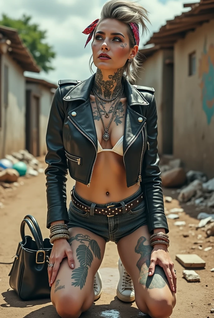 russian milf woman, grey hair (high pouf pompadour, shaved sides), colourful bandana as headband, with very light blue eyes, extremely pale skin. No tan. All neck tattooed. Hands and forearms all tattooed in colour .Tighs all tattoed in colour. Wearing cropped aged black moto jacket with lots of zippers and pins, flipped up collar. skinny dark low rise blue jeans. White push up bikini. Dirty White tennis sneakers. Chain around hips like belts. Dirty knees, dirty feet and muddy hands. Wide studded belt. Squatting on a puddle with hands on her hips, looking up, chin up, stretching her neck , humble facial expression. Black nail polish. studded black leather tote bag with chain on the floor, next to her.. Listening looking up in amazement to somebody speaking to her from the sky, upper teeth visible. Well toned abdominals, thin neck, slim legs and thin arms. Narrow hips Cleavage, stomach, neck, tigh and hands completely covered with tattoos. Dirt street in Kenyan village full of waste. Lots of silver bracelets, silver pendants and collars around all the beck. A lot of tanned fat women in traditional dresses around looking at her. next to her, all her belongings scattered on the floor: tobacco packs, makeup kit, little makeup mirror, studded black leather tote bag, lipstick, wallet, moble etc on the floor, point of view; from above
