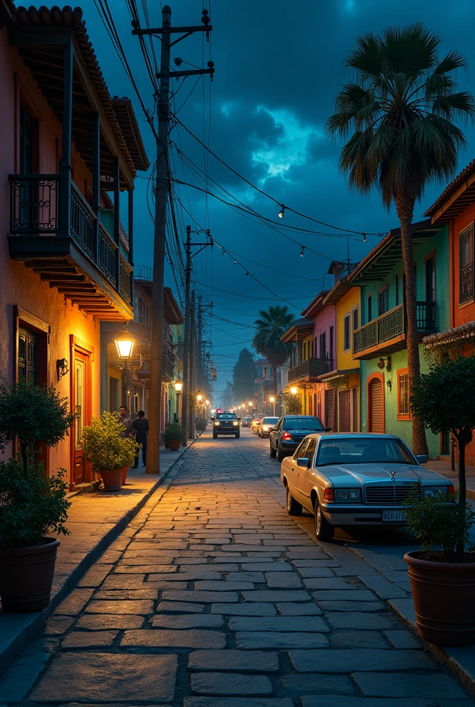 A Mexican neighborhood with a sidewalk that is a little high at night but facing the street
