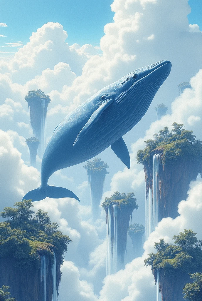 Create a pencil sketch , A4 size, of a fantastic and surreal scene in a sky full of clouds. At the center, a huge blue whale floats with others in the background. Around her, several floating islands covered in vegetation suspended in the air, each with gently falling waterfalls .