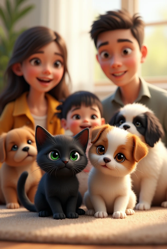 Two kittens together, one black with green eyes and one white and black with brown eyes, two dogs, one white and brown and one Breton of the shitsu breed, and a father, a mother, a ager and a nine-year-old child.
