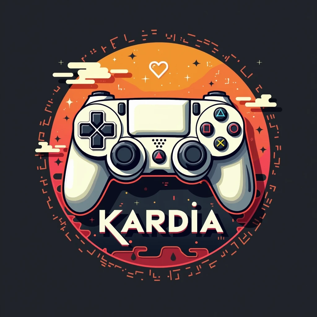 Logo with the name Kardia, with video game theme and playstatio 4 controller, back ground azul