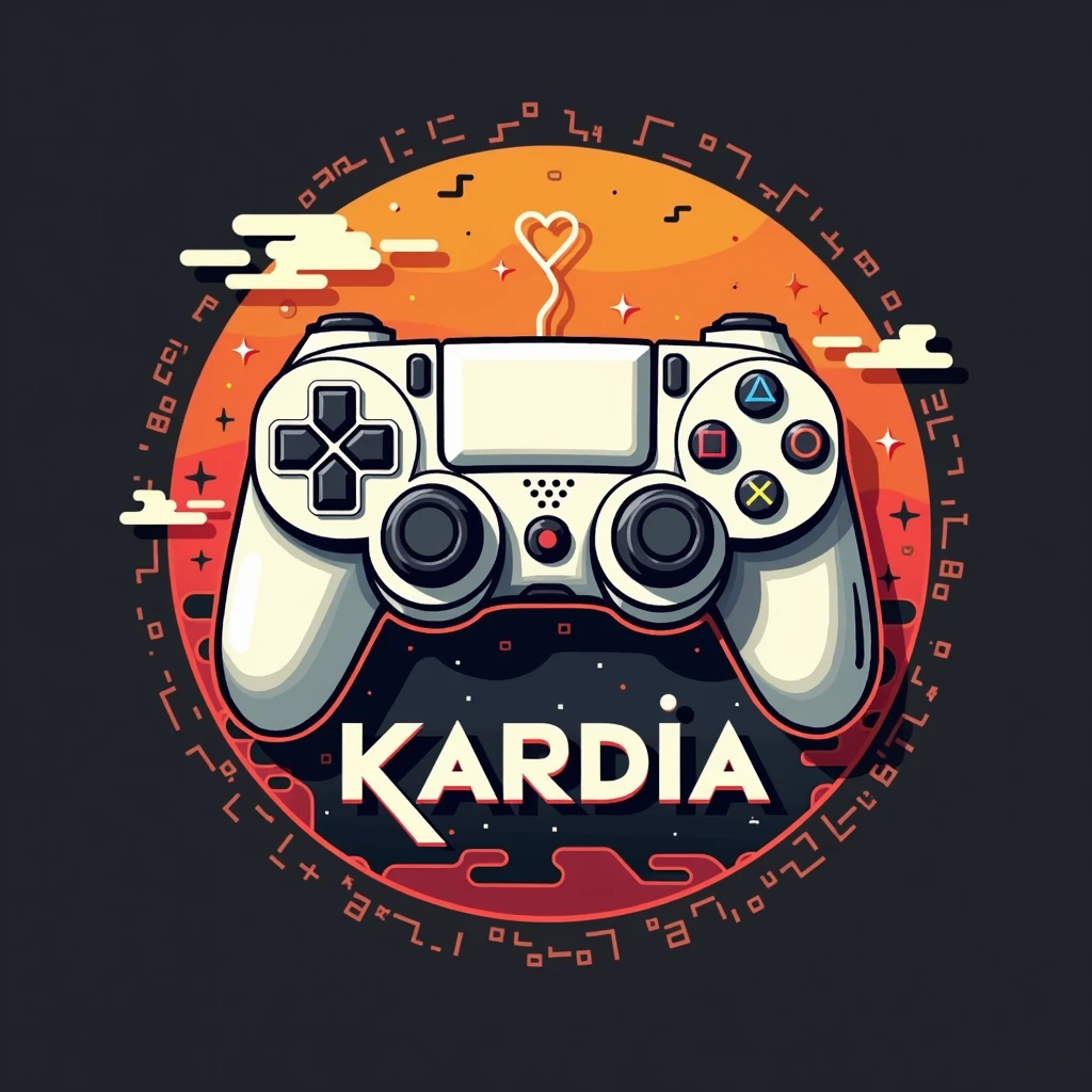 Logo with the name Kardia, with video game theme and playstatio 4 controller, back ground azul