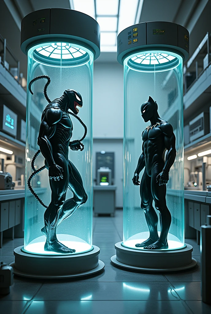 Venom and the animal black panther、genetic research institute。There is a large glass cylinder used for scientific experiments。They are each contained in a cylinder。