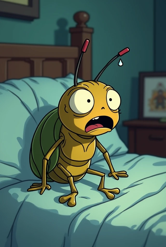 insect waking up in his bed scared and crying, animated for a now dead comic