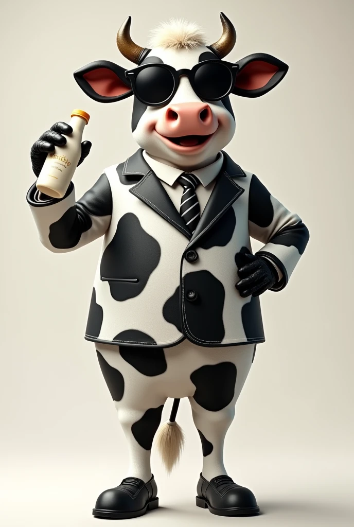 A cow standing on 2 legs, He is smiling, dressed in a black and white spotted suit, with black leather gloves, with black round sunglasses, holding a bottle of yogurt in his right hand.