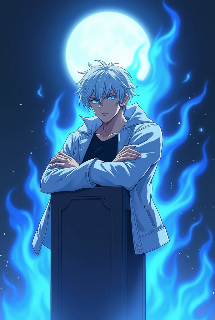 Blue-eyed albino teenager measuring 1,90 who controls blue fire in full body anime style while lying on a pillar surrounded by blue fire while having his arms crossed with a serious look while his eyes glow a little in a square at night under the full moon with a scar on his right eye, with a white jacket and a good physique, Looking forward, You can see the scar that runs across his right eye.