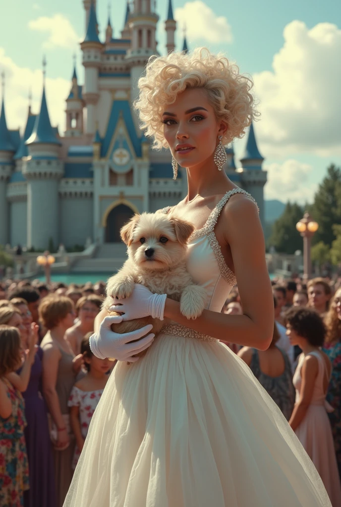 Drag queen with short curly hair, white evening dress with flowing fabric, holding a dog, beautiful face, nude lipstick, wearing short white gloves, wearing sparkling diamond earrings, standing on a castle, people admire her.