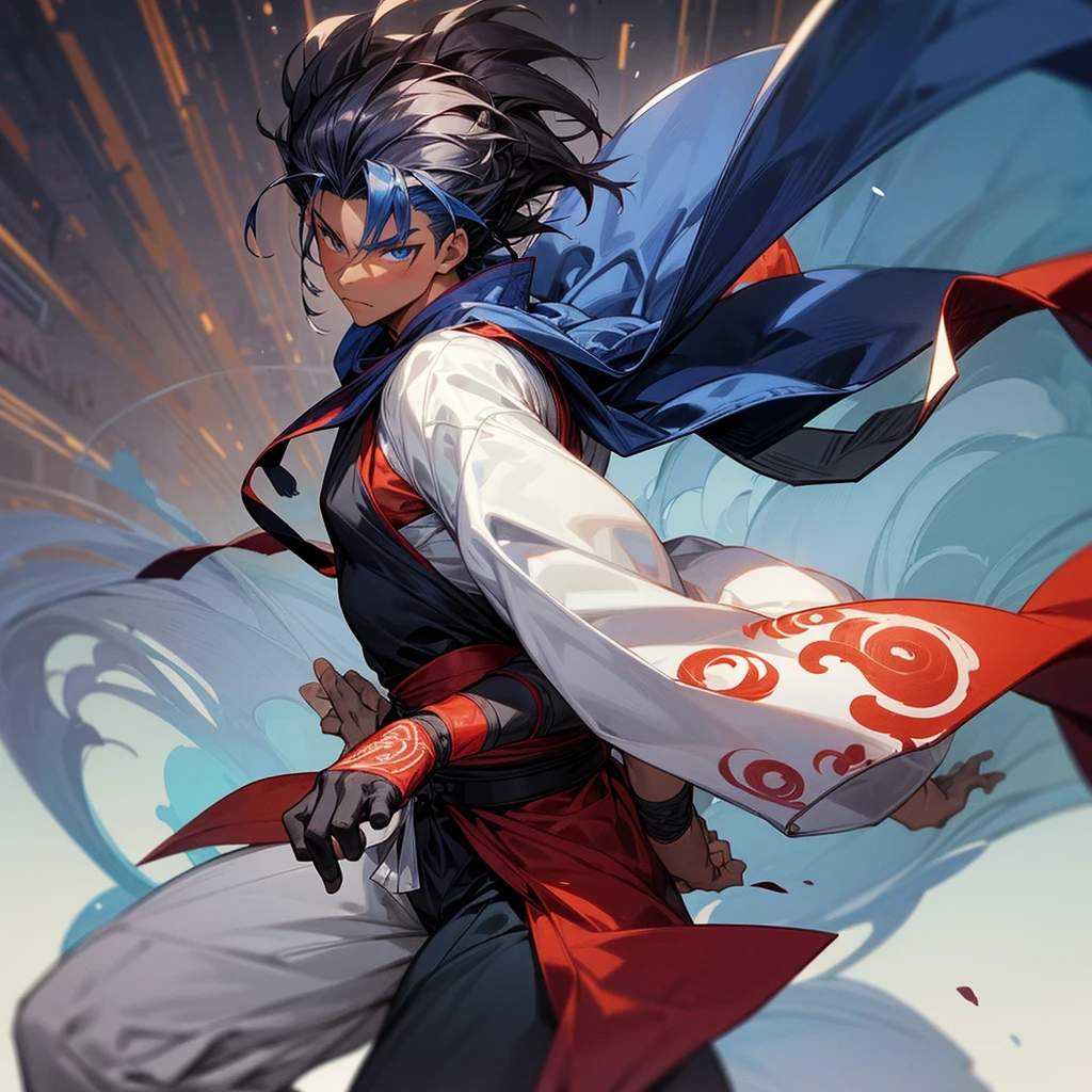 1male , dark skin, adult, finely detailed blue eyes, muscular build, modern undercut, medium messy hair, whote hair, fitted sleeves, white yukata with reg swirls, red sash, ninja clothing, serious experssion, modern city background