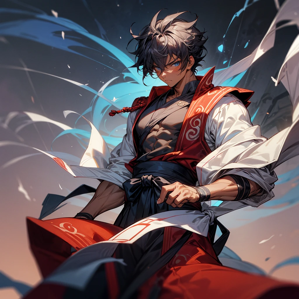 1male , dark skin, adult, finely detailed blue eyes, muscular build, modern undercut, medium messy hair, whote hair, fitted sleeves, white yukata with reg swirls, red sash, ninja clothing, serious experssion, modern city background