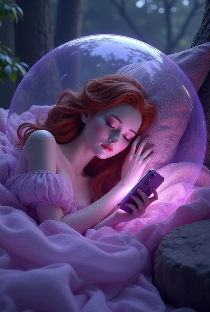 sleeping beauty sleeping with a smartphone and around her a bubble covering her, purple theme