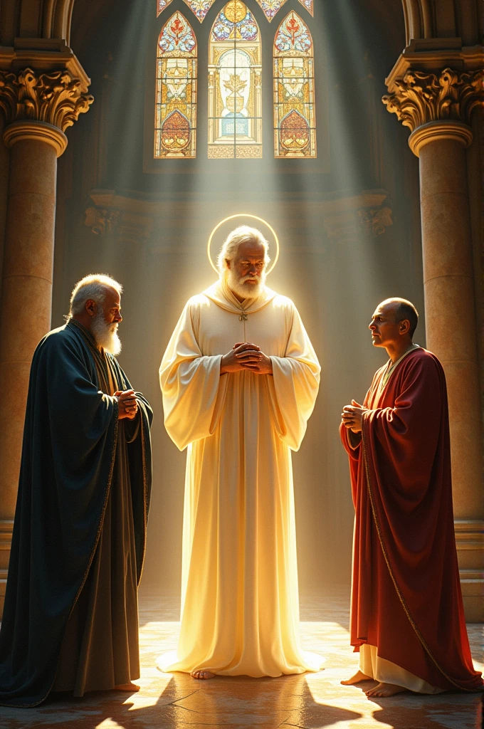 Give me a picture of medieval philosophy, and as God was an important character, May God be in the center, Saint Augustine of Hippo on the diagonal side and Thomas Aquinas on the other side