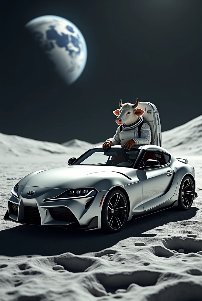 toyota supra on the moon driven by a cow