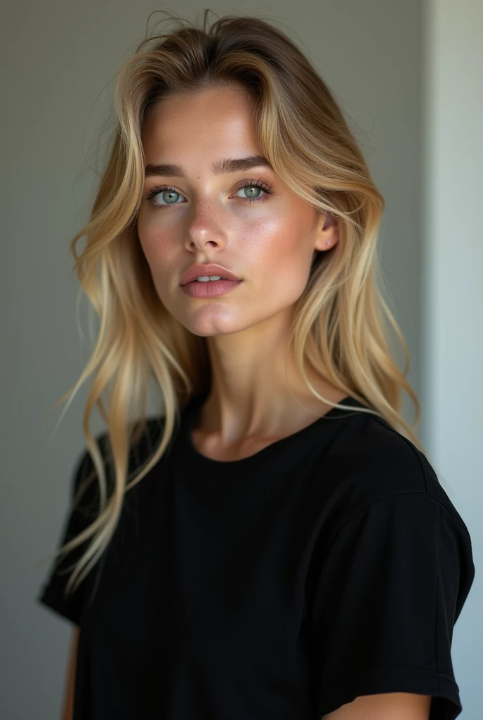 Blonde woman in plain black cotton t-shirt 