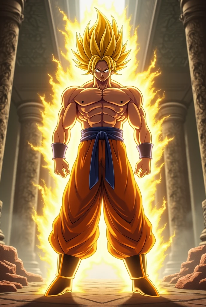 in the context of Dragon Ball Z, I want the fusion of Goku and Dende in SSJ2 with the Potara earrings, Let the environment be the sacred temple.
