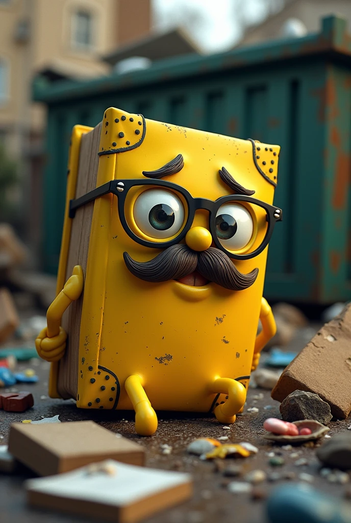 yellow book with eyes glasses mustache mouth sitting in a dumpster