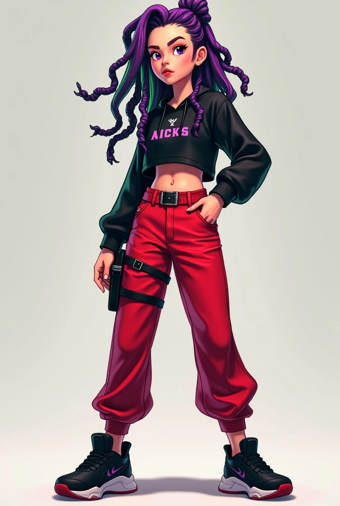 Female Free Fire style character,white, I have Dread hair with purple and green color,m cropped preto, red pants and black sneakers