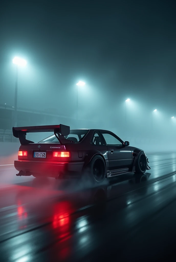 Modified Toyota Corolla ae101 at racetrack in night and fog
