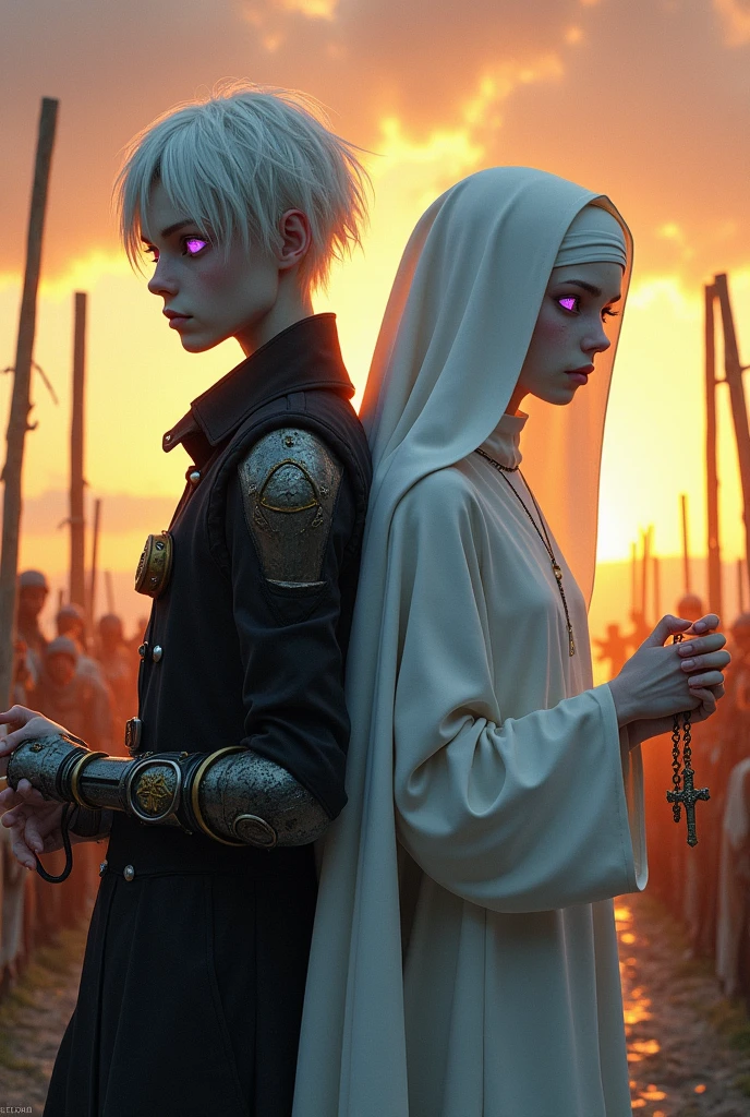 Two pale middle-aged teenagers back to back with violet eyes and white hair, with the one on the left with short white hair in dark alchemist clothes and with her left arm raised with a steampunk prosthesis with a pentagram, and the one on the right in white nun's clothes with a rosary, at sunset with an execution at the stake in the middle behind