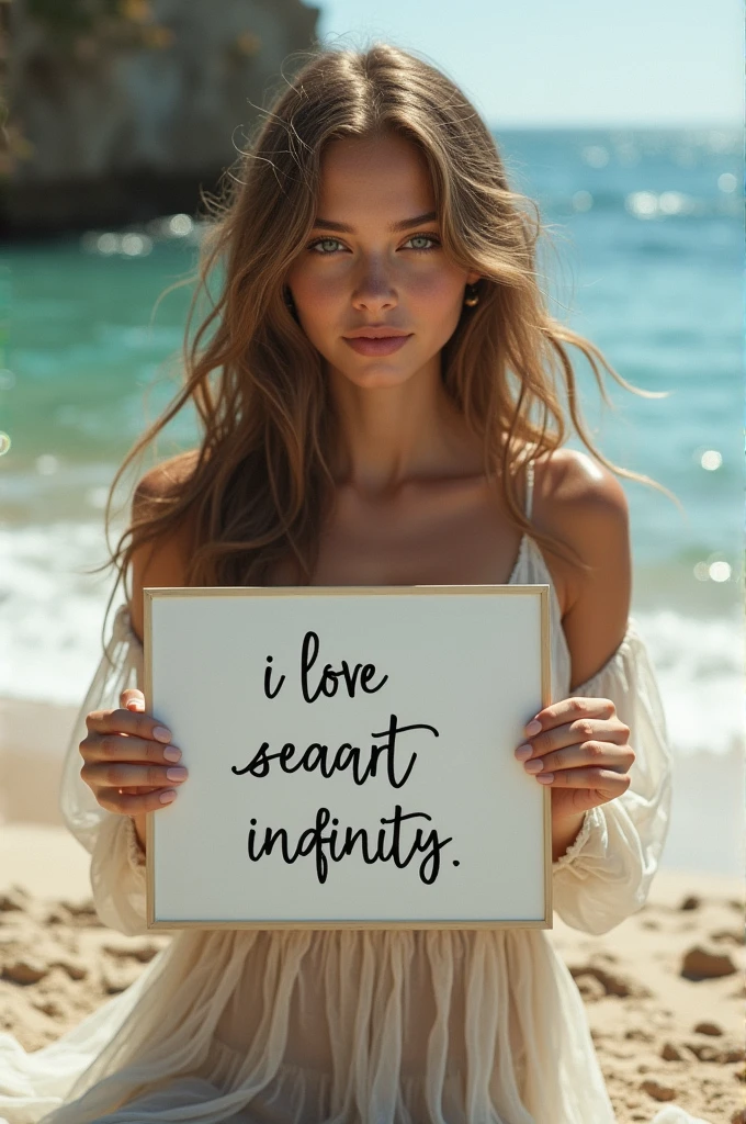 Beautiful girl with wavy long hair, bohemian dress, holding a white board with text "I Love Seaart Infinity" and showing it to the viewer
