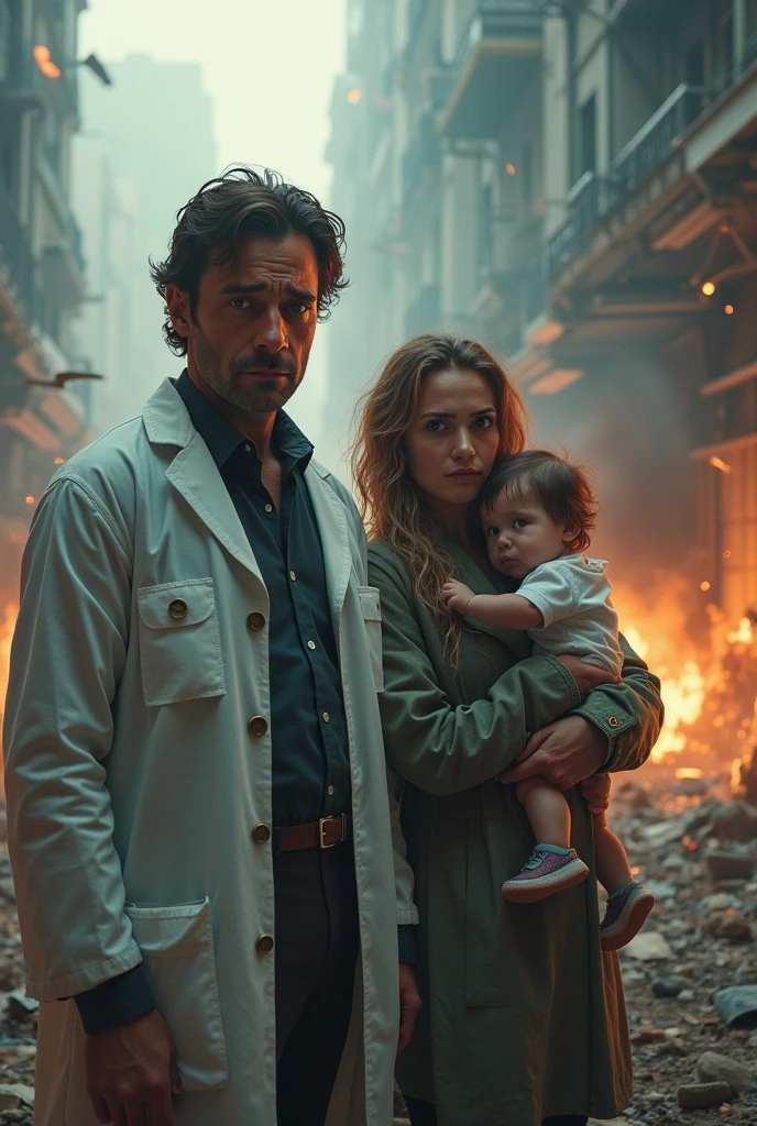 Scientist and woman with a baby while everything is in chaos