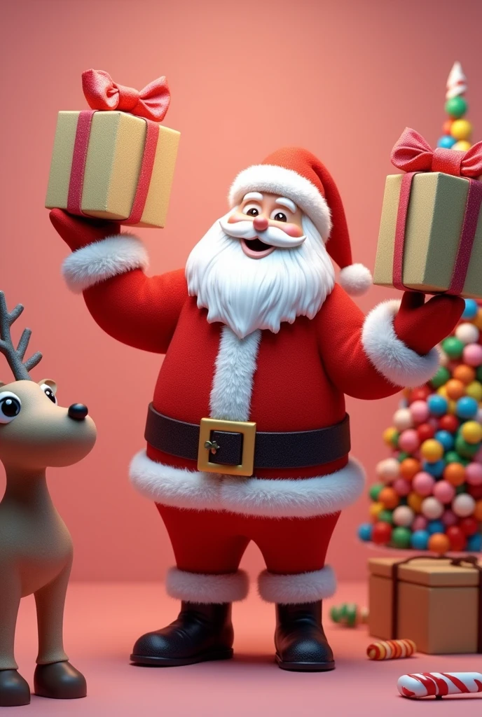 Personalized candy in candy colors with Santa Claus theme holding gift boxes up with one hand,
and on the side a reindeer