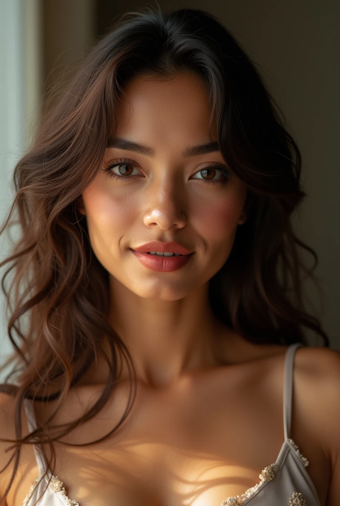 A heavenly and incredibly beautiful Asian Indian, His profession is law. Sua pele beijada Pelo sol, Captivating honey eyes, and flowing brown hair immediately catches the eye. The portrait appears to be a high resolution photograph., capturing every detail to perfection. Her red lips are full and attractive, It exudes a seductive charm. The overall image quality is exceptional, natural with impressive details. an identical woman, Face, Pelo, identical clothes. A beautiful smile. She just woke up, She's lying in her bed.