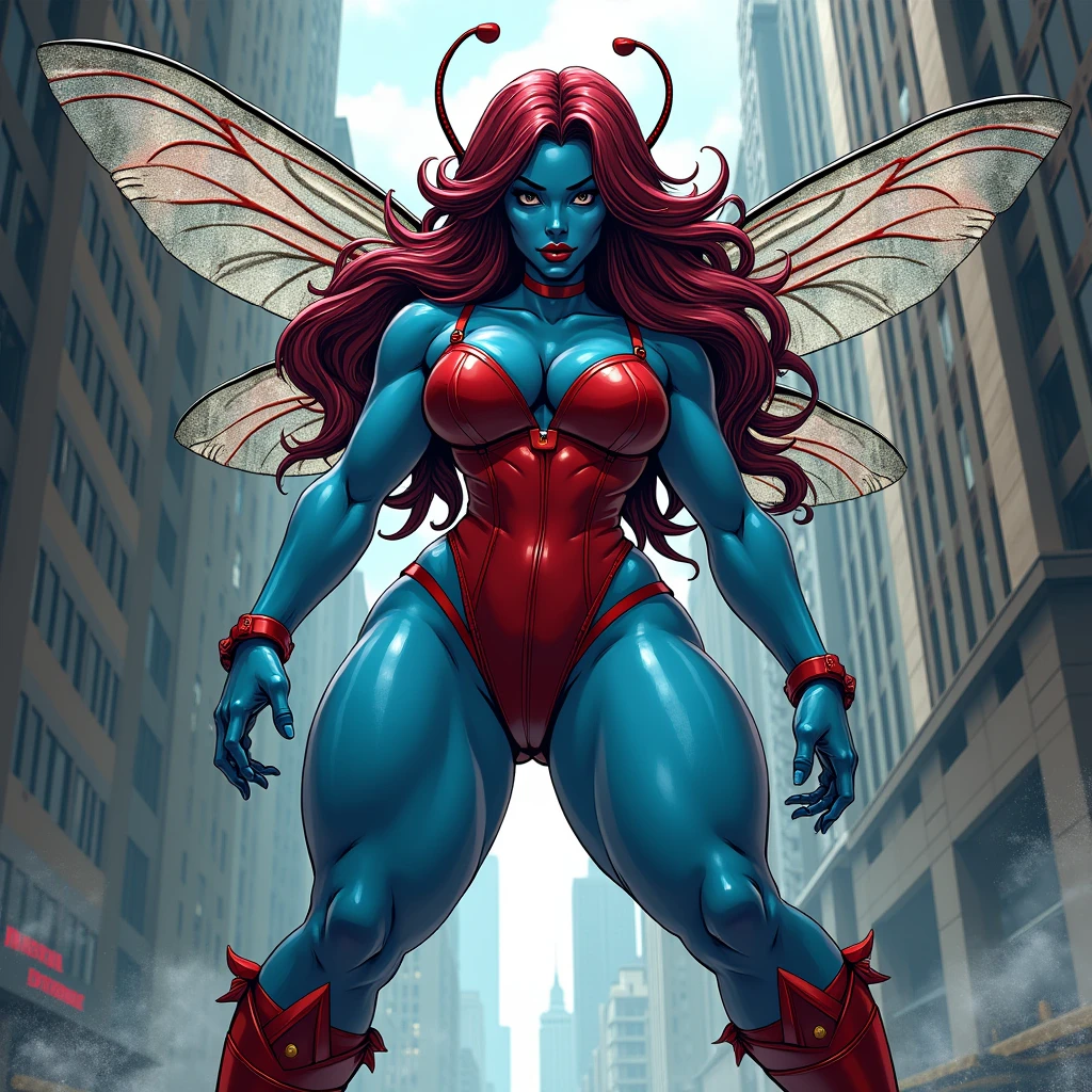 In a dramatic comic book style, richly detailed with exaggerated portions, inspired by frank cho an image of a (((blue skinned, blue skin))) female super villain, athletic curvy fit body, wide hips, large breasts, She has long dark red colored hair with lots of volume and wears a red leotard with bare arms, bare legs and a corset around her waist, she has long thigh high boots and short gloves, and a black mask over her eyes. (detailed face, detailed eyes), long eyelashes, ((detailed lips)), strong jaw, narrow eyes, solid white eyes. Good hands, detailed hands. cityscape background. She stands firmly on the ground a wide stance, ready to fight. dynamic exaggerated poses. she wears a black domino mask over her eyes, she has insect wings on her back that resemble dragonfly wings, long insect antennae that stick out of her hair. her eyes are solid white