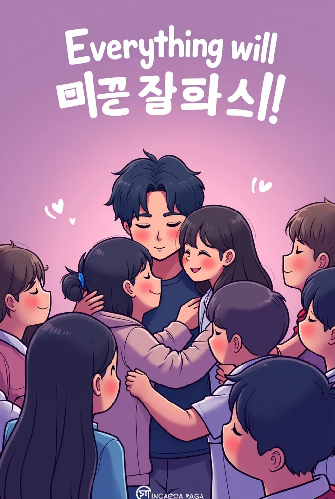Cartoon of Army hugging Suga from BTS and with the message that everything will be okay in Korean. done in purple colors and showing the faces in profile, include bts logos and colors