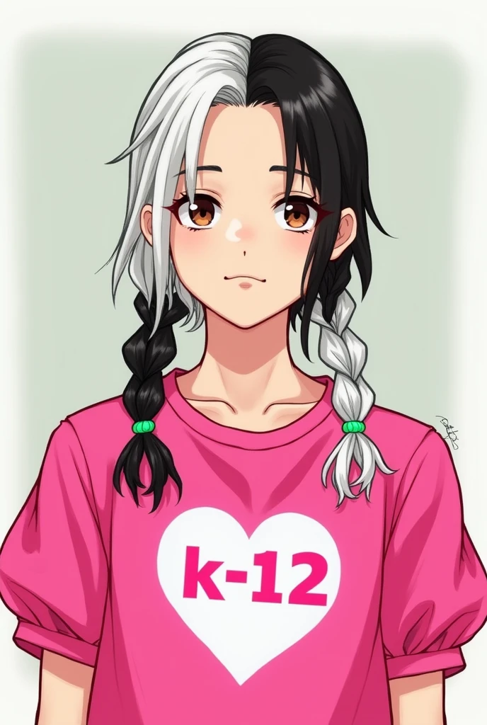 Gender:male Skin:Clear Eyes:brown Style:drawing Hair:hair parted in the middle with one side black and one side white, in addition a braid on each side with the respective color of the hair side, at the beginning of the braid there is a green-water colored loop Body:high Clothes:a hot pink shirt with light pink puff sleeves and a white heart in the middle of the shirt with the writing "K- 12"