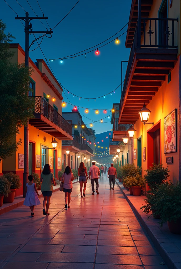 A Mexican neighborhood with a slightly high sidewalk at night so that the image is seen from the front 