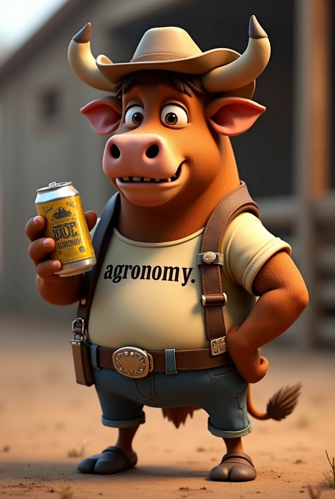 Brown animated bull wearing a cowboy hat with a can of beer in his hand, and that on the shirt it says "AGRONOMY"