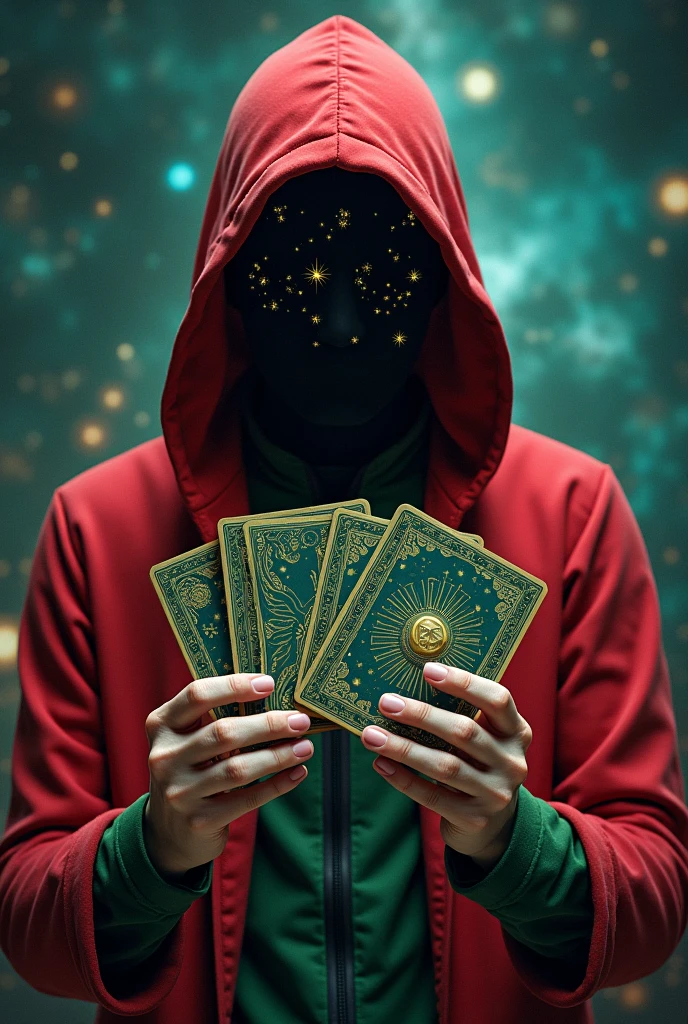 An image of a man in a red hoodie with green details .and on the face all black with little shiny stars .and in your hands tarot cards. And in the background the star constellations