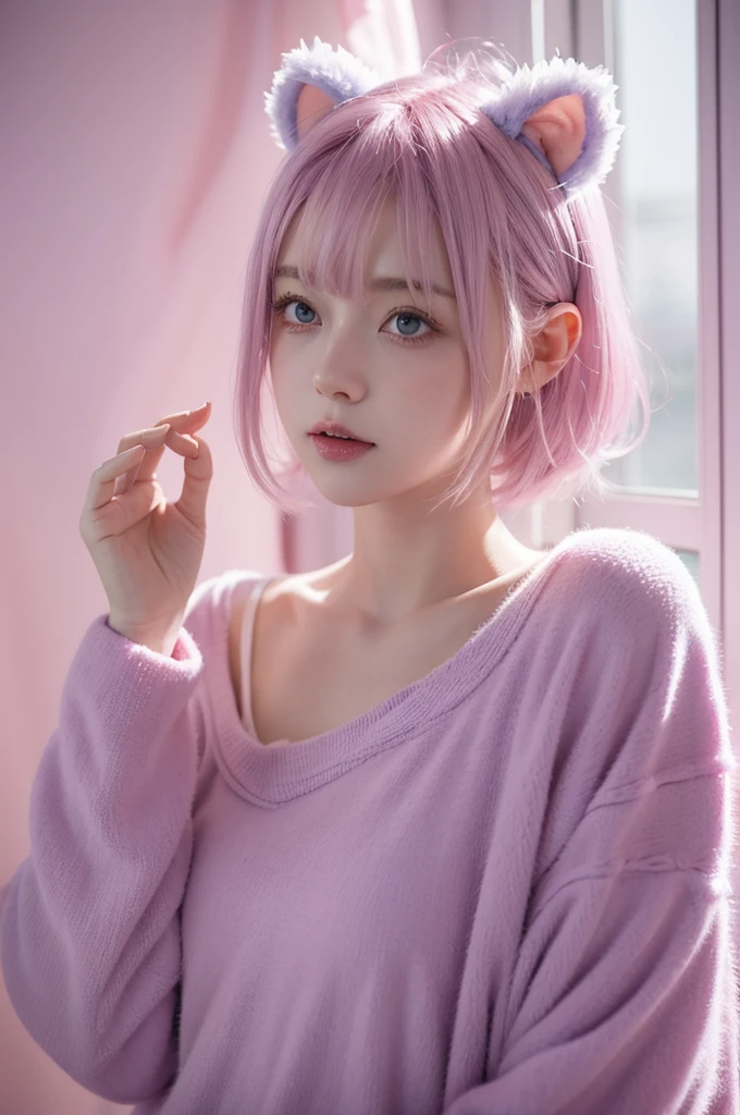 Pink and light blue dreamy hair Wave Shorthair Purple Eyes beautiful girl Halloween Wizard Pink bear ears Dream Background live-action