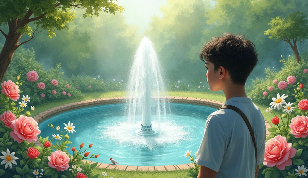 watercolor art thoughtful person looking at a water fountain flowers and birds
