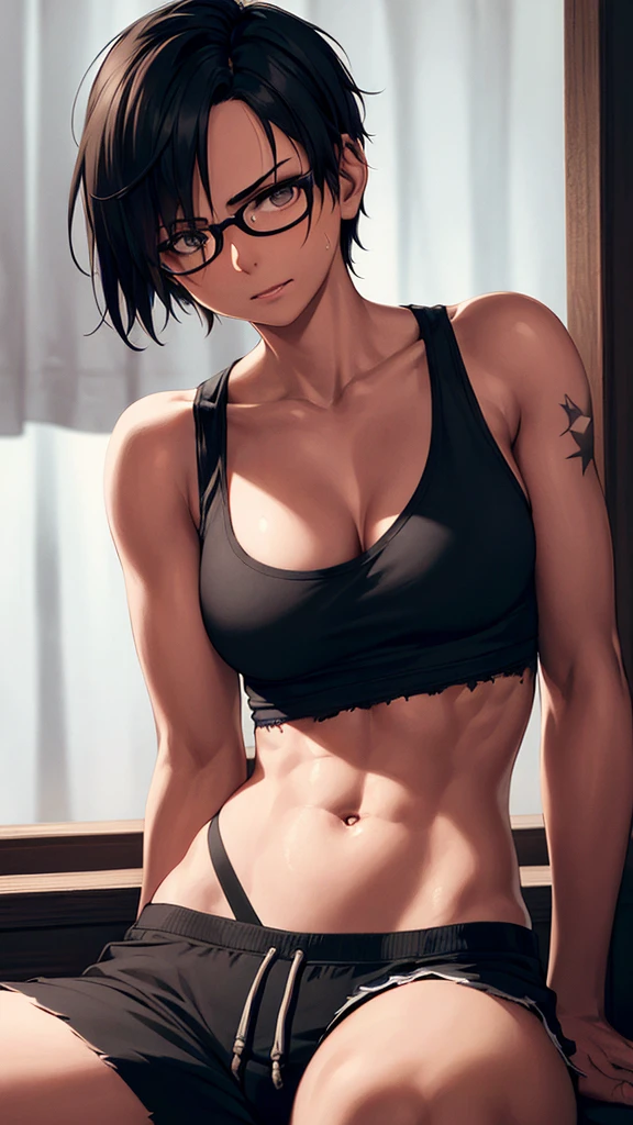 A girl wearing a ripped black tank top, reading glasses, tattoo on left arm, short hair with a braid, sweatpants, detailed facial features, hyperrealistic, highly detailed, dramatic lighting, cinematic, vibrant colors, 8k, HDR, photorealistic, professional digital art, sitting on the stairs