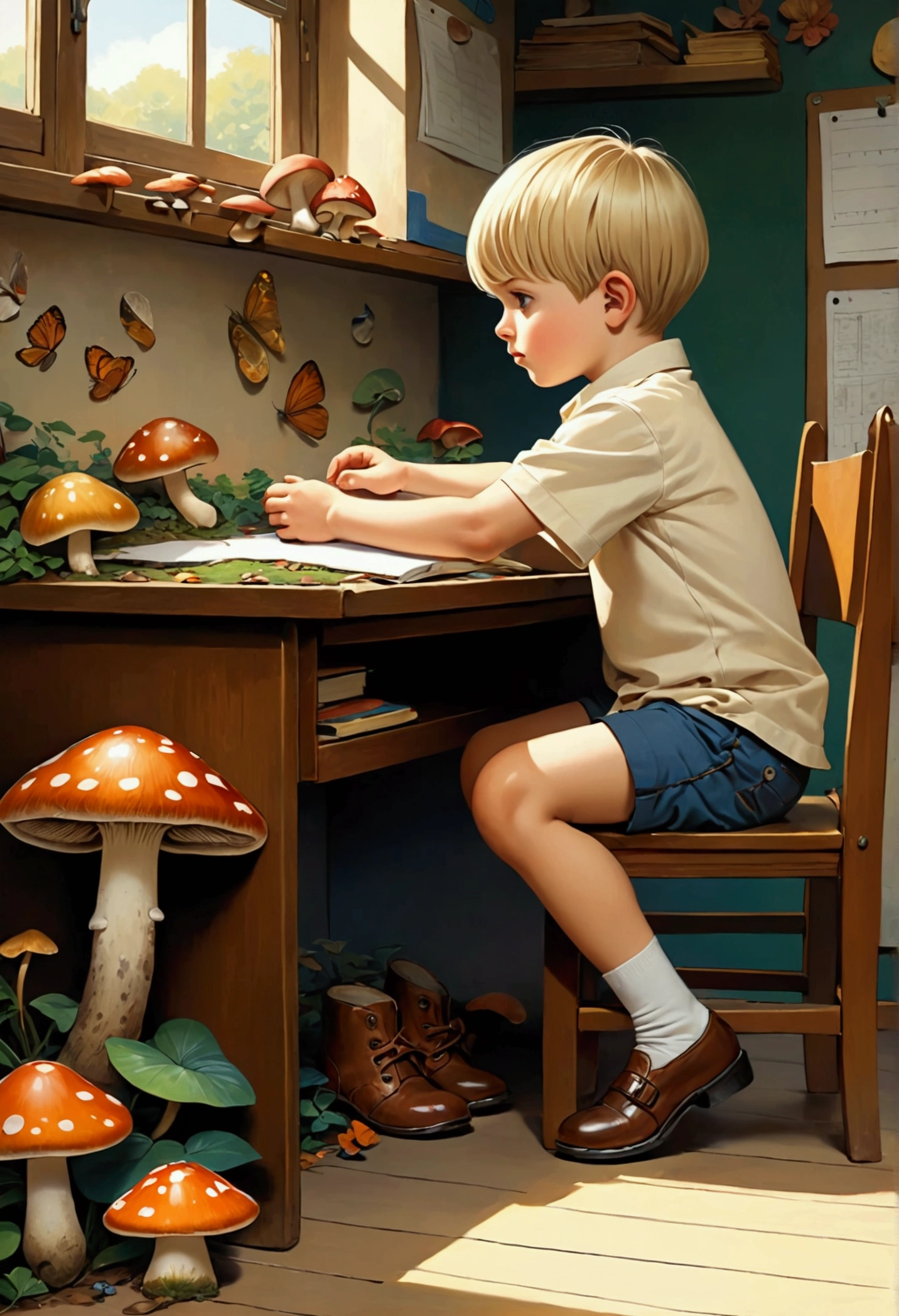 a six year old boy, straight blonde hair with a mushroom cut sitting at a desk and his shoes are tight so he takes them off