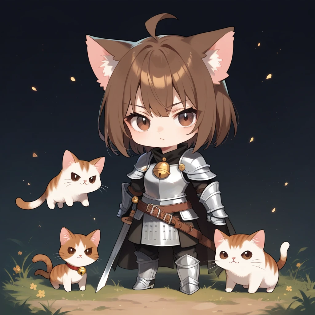 score_9, score_8_up, score_7_up, source_anime,rating_safe,handsomize, short brown hair, cat girl, knight, serious face, bell on neck, brown eyes,full body, chibi,