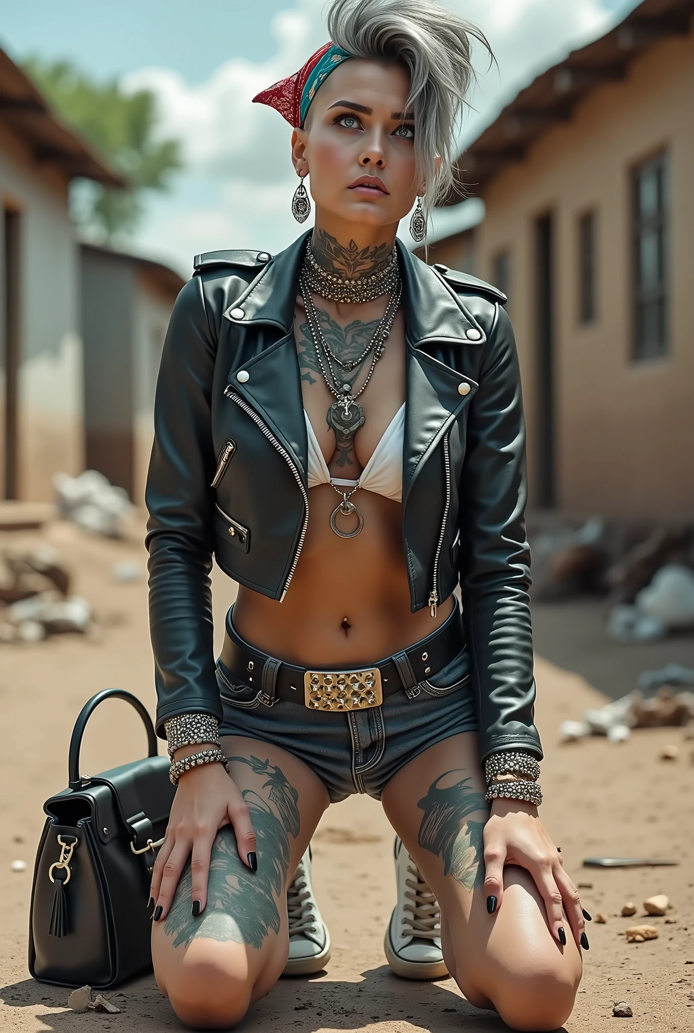 russian milf woman, grey hair (high pouf pompadour, shaved sides), colourful bandana as headband, with very light blue eyes, extremely pale skin. No tan. All neck tattooed. Hands and forearms all tattooed in colour .Tighs all tattoed in colour. Wearing cropped aged black moto jacket with lots of zippers and pins, flipped up collar. skinny dark low rise blue jeans. White push up bikini. Dirty White tennis sneakers. Chain around hips like belts. Dirty knees, dirty feet and muddy hands. Wide studded belt. Squatting on a puddle with hands on her hips, looking up, chin up, stretching her neck , humble facial expression. Black nail polish. studded black leather tote bag with chain on the floor, next to her.. Listening looking up in amazement to somebody speaking to her from the sky, upper teeth visible. Well toned abdominals, thin neck, slim legs and thin arms. Narrow hips Cleavage, stomach, neck, tigh and hands completely covered with tattoos. Dirt street in Kenyan village full of waste. Lots of silver bracelets, silver pendants and collars around all the beck. A lot of tanned fat women in traditional dresses around looking at her. next to her, all her belongings scattered on the floor: tobacco packs, makeup kit, little makeup mirror, studded black leather tote bag, lipstick, wallet, moble etc on the floor, point of view; from above
