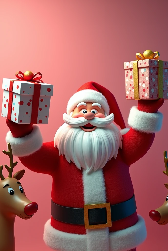 Personalized candy in candy colors with Santa Claus theme holding gift boxes up with one hand, 
 and on the side a reindeer